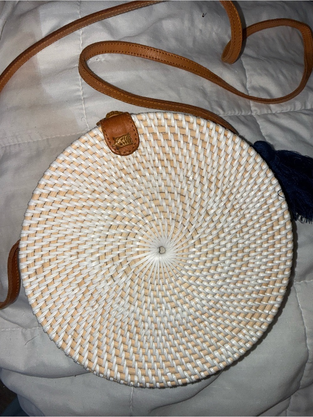 White Woven Round Crossbody Bag with Tan Trim (new)